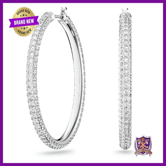 Sparkling Crystal Hoop Earrings Rhodium Plated 1 3/8 Inch